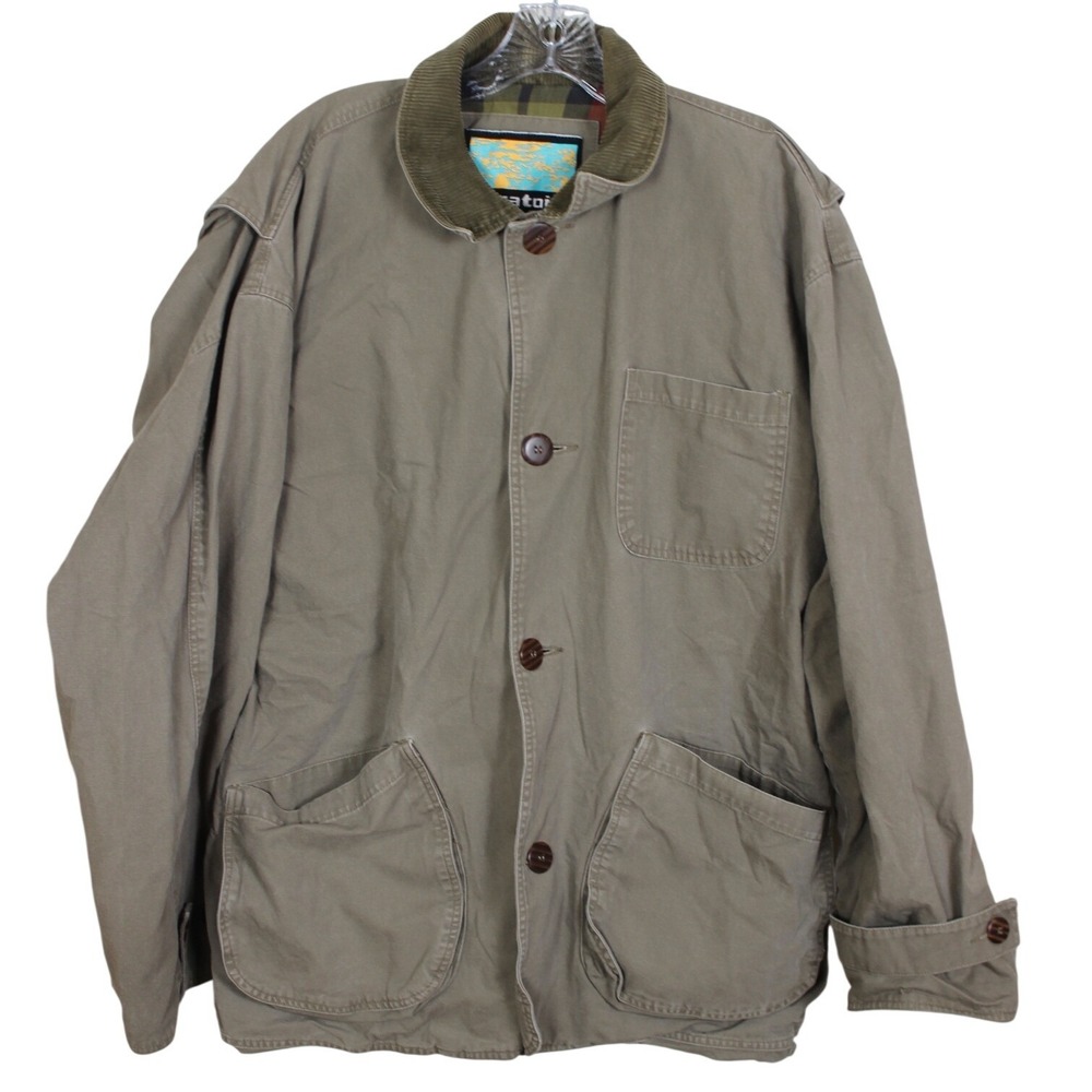 Stratojac Mens Cotton Canvas Barn Jacket Olive Green Plaid Lined Corduroy M